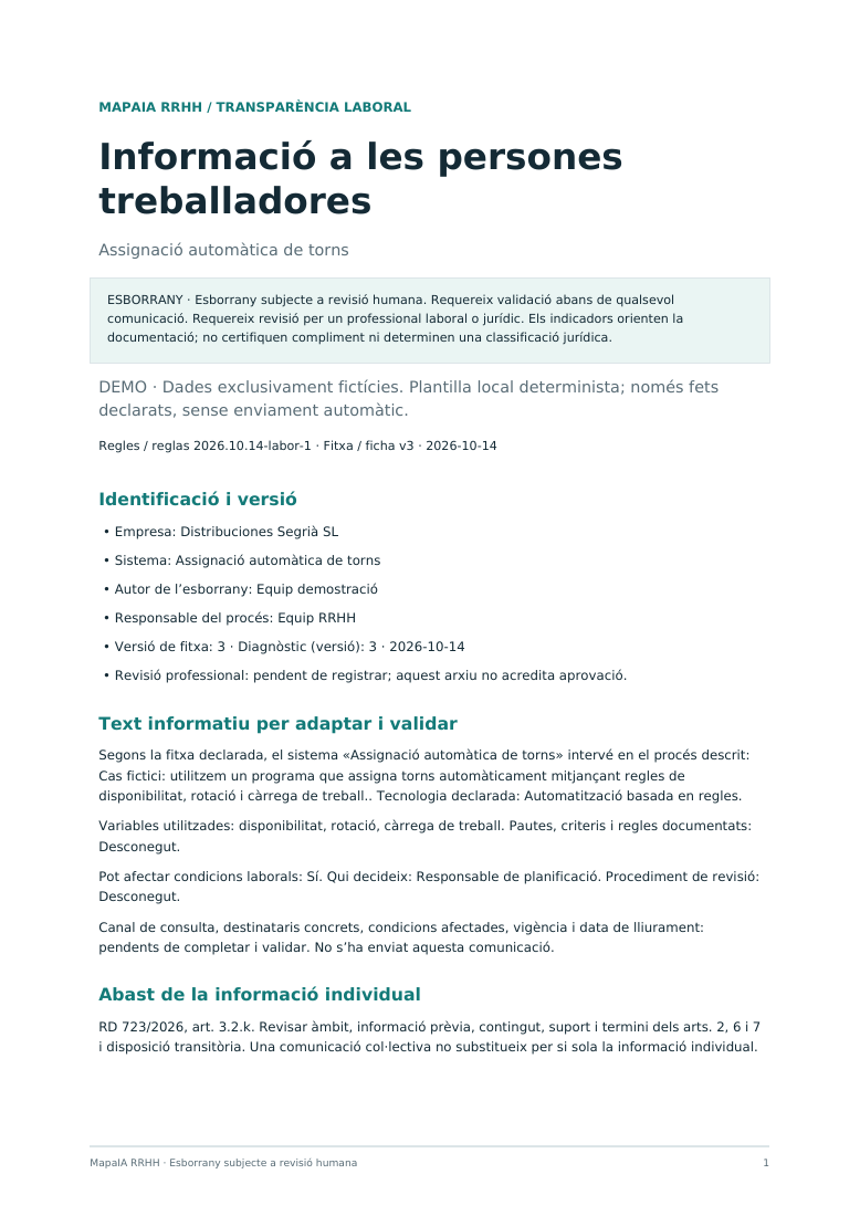 Primera pàgina del document informatiu real del cas fictici Segrià, amb advertiment de revisió humana.